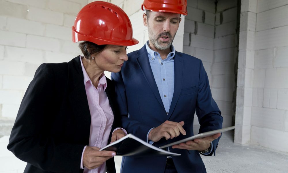 Two caucasian engineers and investors discussing on construction site